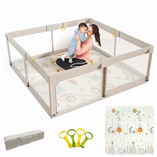 Mloong Laufstall Baby, Laufgitter Baby mit Spielmatte, 150x150x68cm Laufstall xxl, Laufgitter mit Atmungsaktivem Netz an Vier Seiten und Saugnäpfen